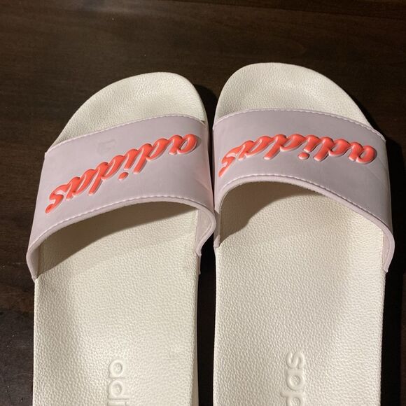 Adidas White and Neon Pink Slides Size 11 - Picture 7 of 9